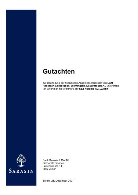 Gutachten - Bank Sarasin & Cie AG