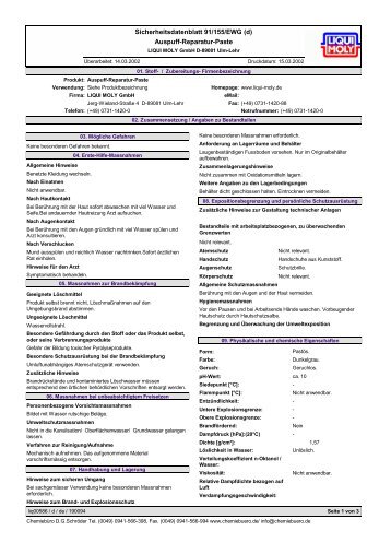 Auspuff-Reparatur-Paste Sicherheitsdatenblatt 91/155/EWG (d)