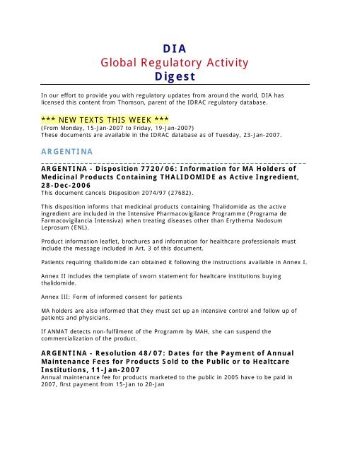 Dia Global Regulatory Activity Digest Drug Information Association Dia Global Regulatory Activity Digest Drug Information Association