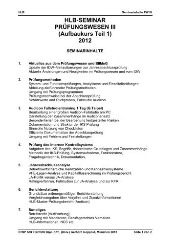 HLB-SEMINAR PRÜFUNGSWESEN III (Aufbaukurs Teil 1) 2012