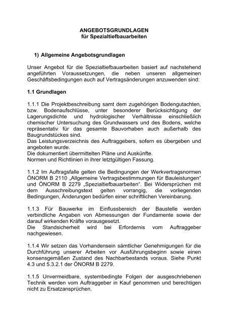 ANGEBOTSGRUNDLAGEN für Spezialtiefbauarbeiten 1) Allgemeine