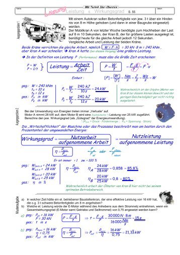 Arbeit Leistung Zeit Nutzleistung Nutzarbeit Wirkungsgrad ...