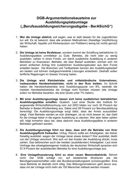 DGB-Argumentationsbausteine zur Ausbildungsplatzumlage ...