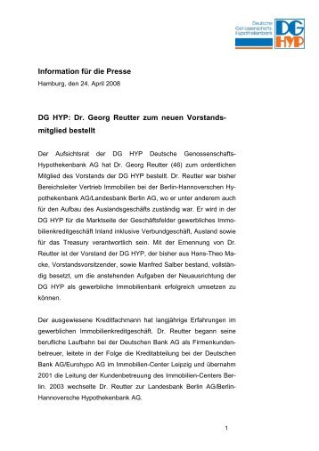 Information für die Presse DG HYP: Dr. Georg Reutter zum neuen ...