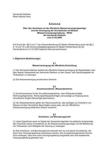 Wasserversorgungssatzung - Gemeinde Dielheim