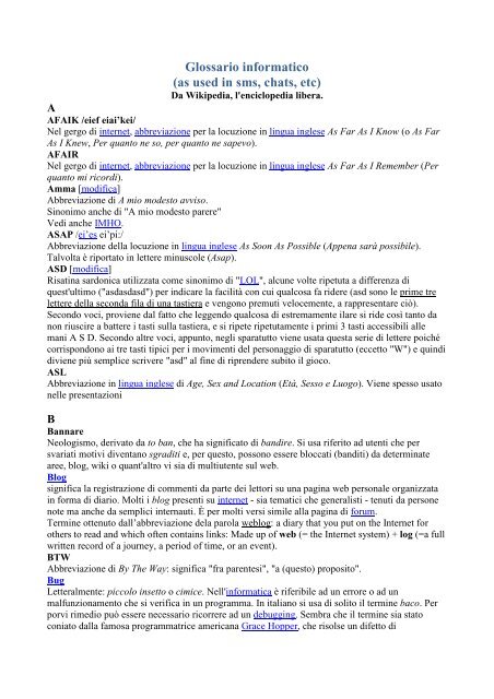 Glossario Informatico As Used In Sms Chats Etc