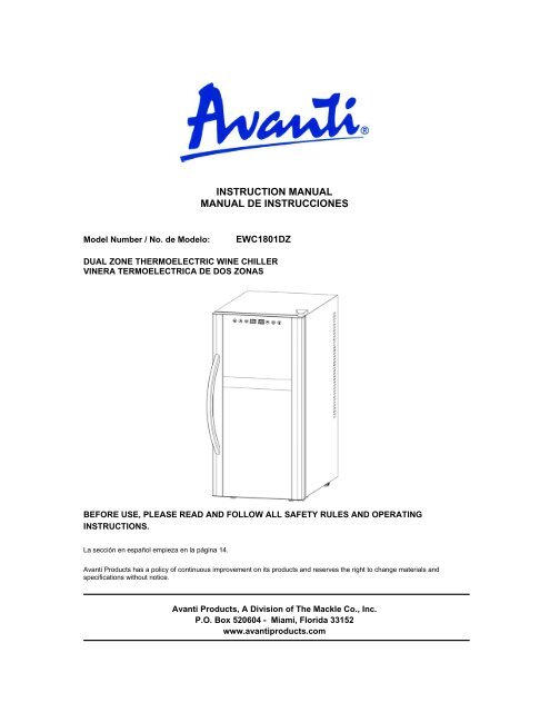 Model EWC1801DZ - Avanti Products