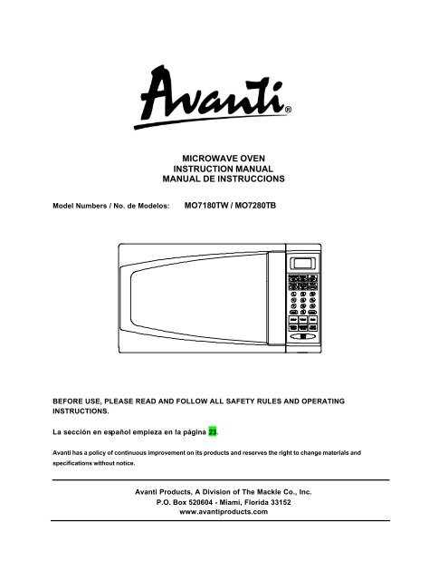 MICROWAVE OVEN INSTRUCTION MANUAL ... - Avanti Products
