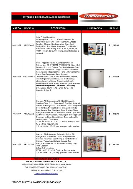 CATALOGO DE MINIBARES ABSOCOLD-MEXICO