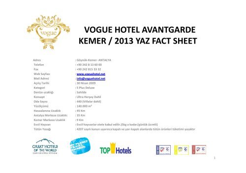 vogue hotel avantgarde kemer / 2013 yaz fact sheet