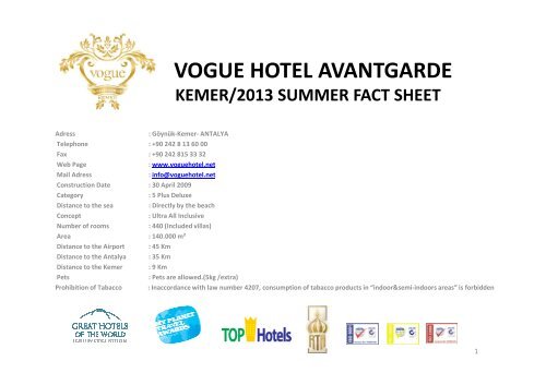 vogue hotel avantgarde kemer/2013 summer fact sheet