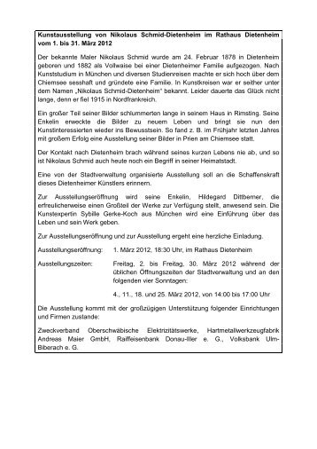 Kunstausstellung von Nikolaus Schmid-Dietenheim ... - in Dietenheim