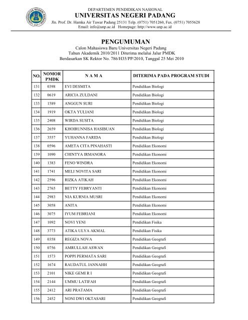 UNIVERSITAS NEGERI PADANG PENGUMUMAN