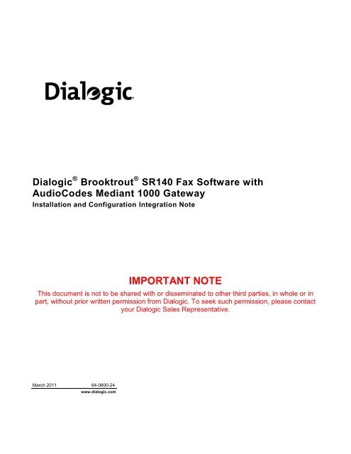 SR140 Fax Software with AudioCodes Mediant 1000 ... - Dialogic