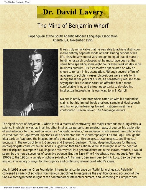 The Mind of Benjamin Whorf - David Lavery