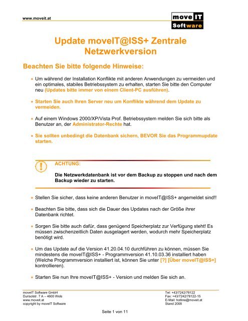 Update moveIT@ISS+ Zentrale Netzwerkversion - moveIT Software ...