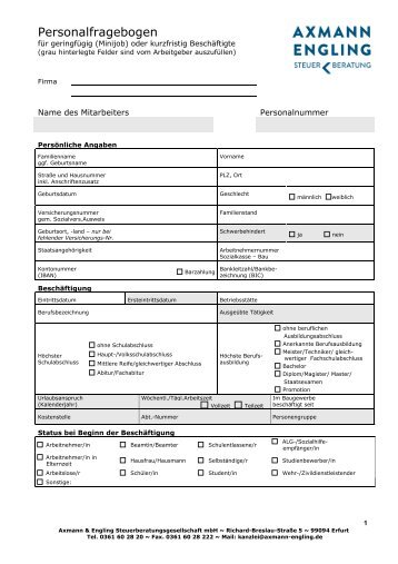 Personalfragebogen Minijober - Axmann & Engling
