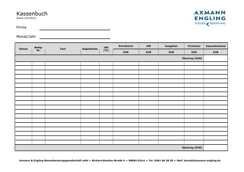 Vordruck Kassenbuch Axmann Engling