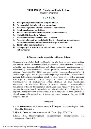 TEM 030032 Nanohissəciklərin fizikası. - Bakı Dövlət Universiteti