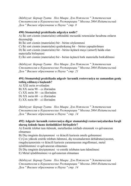 Stomatologiya ixtisası üzrə nümunəvi test suallarının ... - Stomatoloq