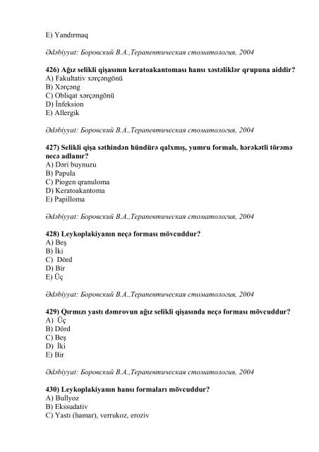 Stomatologiya ixtisası üzrə nümunəvi test suallarının ... - Stomatoloq