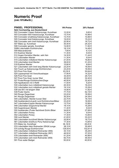 Unsere Preisliste Verkauf/ Versand - maske berlin