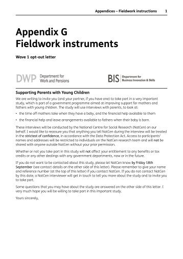 Appendix G Fieldwork instruments - Department for Work and ...
