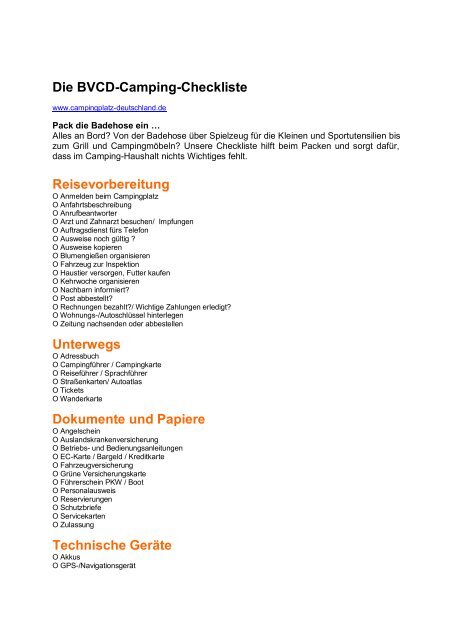 Die BVCD-Camping-Checkliste Reisevorbereitung Unterwegs ...