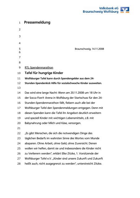 Rtl Spendenmarathon Tafel Fur Hungrige Kinder Volksbank Eg