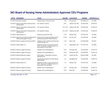 MO Board of Nursing Home Administrators Approved CEU Programs