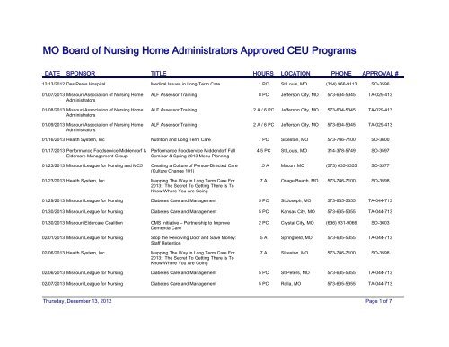 MO Board of Nursing Home Administrators Approved CEU Programs