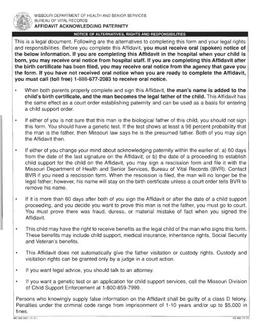 affidavit acknowledging paternity - Missouri Attorney General