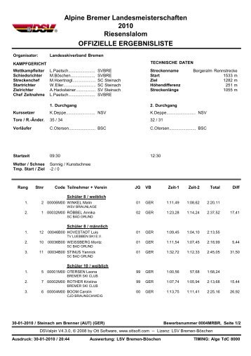 Alpine Bremer Landesmeisterschaften 2010 Riesenslalom ...