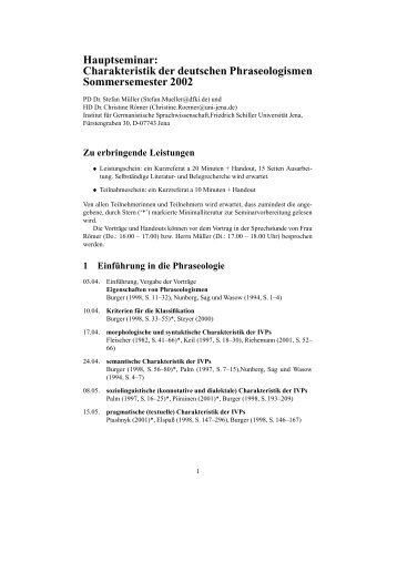 Hauptseminar: Charakteristik der deutschen Phraseologismen ...