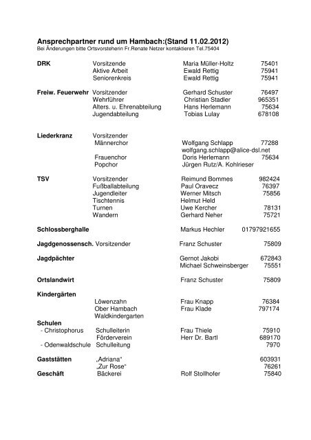 Ansprechpartner rund um Hambach:(Stand 11.02 ... - Hambacher Info