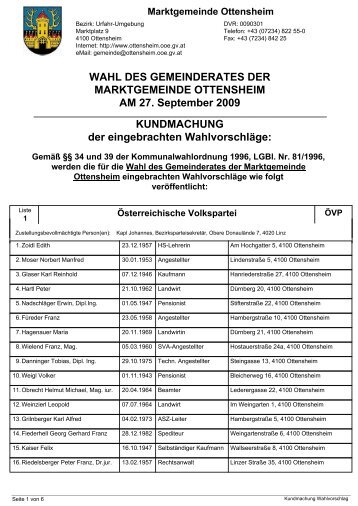 WAHL DES GEMEINDERATES DER ... - Marktgemeinde Ottensheim