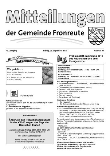 Problemstoff-Sammlung 2012 aus Haushalten und dem ... - Fronreute