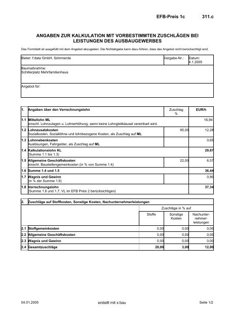Efb Preis 1c 311 C Angaben Zur Kalkulation Din Bauportal