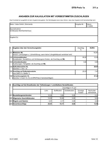 EFB-Preis 1a 311.a ANGABEN ZUR KALKULATION ... - DIN.bauportal