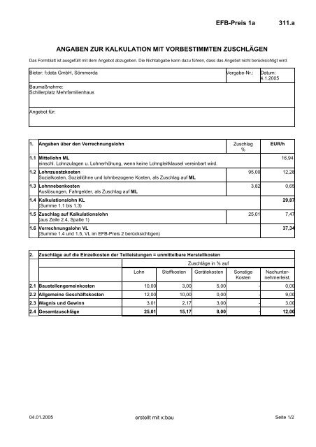 EFB-Preis 1a 311.a ANGABEN ZUR KALKULATION ... - DIN.bauportal