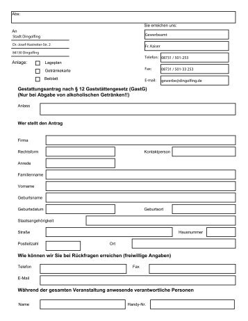 Gestattungsantrag nach § 12 Gaststättengesetz (GastG ... - Dingolfing