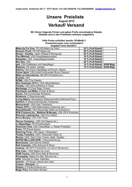 Unsere Preisliste Verkauf/ Versand - maske berlin