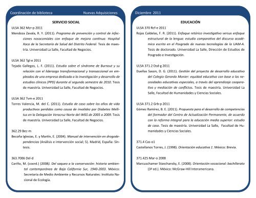 boletín de adquisiciones diciembre 2011 - Biblioteca - Universidad ...