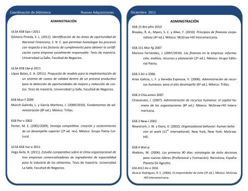 boletín de adquisiciones diciembre 2011 - Biblioteca - Universidad ...