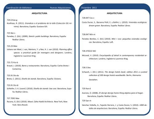 boletín de adquisiciones diciembre 2011 - Biblioteca - Universidad ...