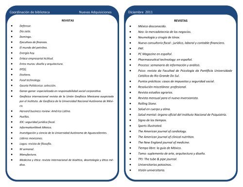 boletín de adquisiciones diciembre 2011 - Biblioteca - Universidad ...