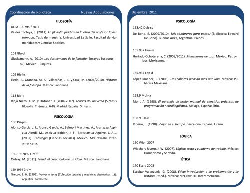 boletín de adquisiciones diciembre 2011 - Biblioteca - Universidad ...