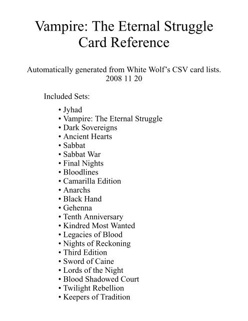 Vampire: The Eternal Struggle Card Reference