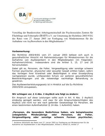 Vorschlag vorgelegt zur Umsetzung der Richtlinie 2003/9 - Pro Asyl