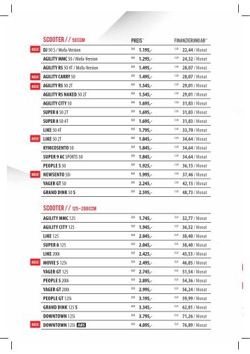 Preisliste Kymco - Die Motorradhalle